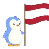 a blue and white penguin holding a red white and blue flag