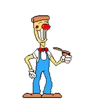 a pixel art of a clown in blue overalls and a red nose