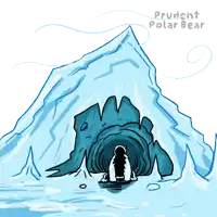 a drawing of a polar bear in front of an iceberg with the words " prudent polar bear " on the bottom