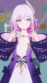 a girl with pink hair and blue eyes is wearing a purple and white outfit with letters on her sleeves