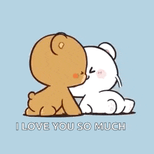 a cartoon of two teddy bears kissing each other with the words `` i love you so much '' .