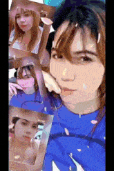 a woman in a blue nike shirt is surrounded by pictures
