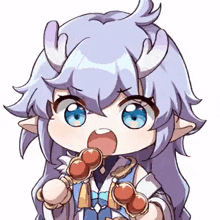 a cartoon girl with horns is holding a skewer of food in her hands .