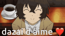 a picture of a boy with a cup of coffee and the words " dazai aime "