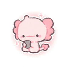 a cute pink axolotl is holding a cell phone in its paws .