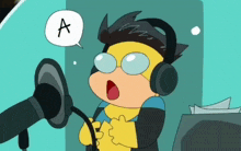 a cartoon character is singing into a microphone with a speech bubble that says a