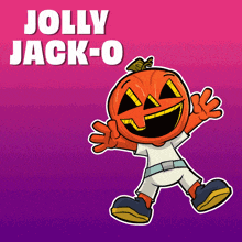 a cartoon character with a pumpkin on his head and the words jolly jack-o above him