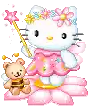 hello kitty is holding a magic wand and a teddy bear .