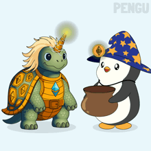 a penguin is holding a pot next to a turtle with a unicorn horn on its head