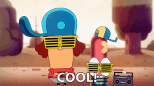 a cartoon character wearing sunglasses and a blue hat says cool