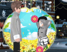 a boy and a girl are standing next to each other in front of a sign that says ' the christmas market '