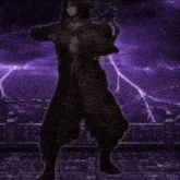 a silhouette of a person standing in front of purple lightning