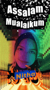 a colorful poster with a woman and the words assalamu mualaikum