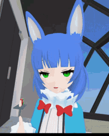 a girl with blue hair and white ears has a red bow tie around her neck