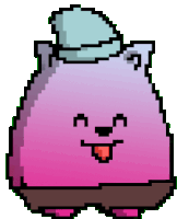 a pixel art illustration of a purple and pink monster with a hat on its head