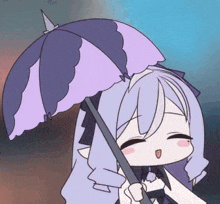 a girl with purple hair is holding a purple and black striped umbrella