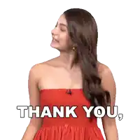 a woman in a red dress is saying " thank you "