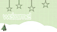 a man in a santa hat is holding a gift with the words welcome written above him