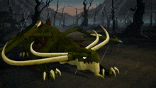 a green and white dragon with horns is laying down in the rain