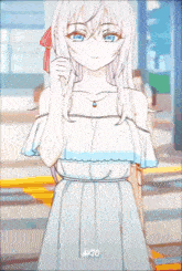 a girl with white hair and blue eyes is standing in front of a sign that says akio