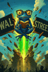 an illustration of a frog reading a book between two wall street signs