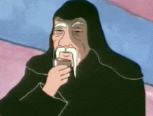 a cartoon of a man with a hood and a beard drinking from a glass