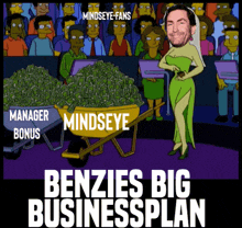 a cartoon of a woman pushing a wheelbarrow full of money with the words " benzies big businessplan " on the bottom