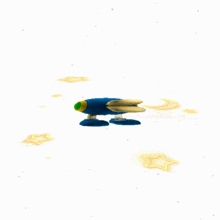 a blue and yellow cartoon character with wings