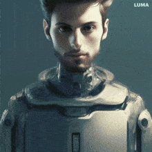 a close up of a man 's face with the word luma behind him