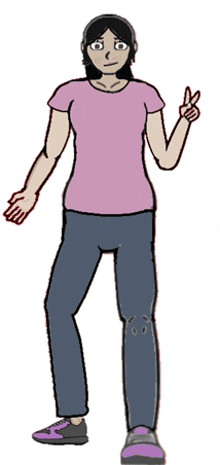 a cartoon of a woman in a pink shirt and blue jeans giving a peace sign