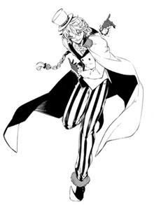 a black and white drawing of a man in a top hat and striped pants holding a microphone .