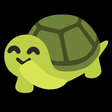 a green turtle with a smiley face on its shell is walking on a black background .