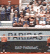 a blurred image of a crowd watching a tennis match with a paridas sign in the background