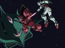 a cartoon drawing of a robot fighting another robot with a pink sword