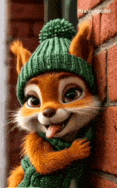 the squirrel is wearing a green hat and scarf and sticking its tongue out .