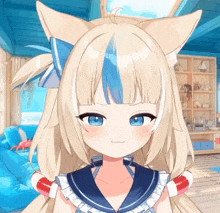 a girl with blonde hair and blue eyes looks at the camera