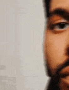 a close up of a man 's face with a beard and black eyes .