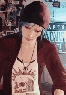 a girl with blue hair and a skull shirt is standing in front of a sign that says aren 't advis
