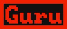 a red and black logo with the word guru