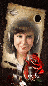 a picture of a woman wearing headphones and a red rose with the word love on it