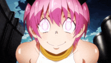 a girl with pink hair is smiling and looking up at the camera