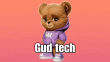 a teddy bear is wearing a purple gm hoodie