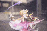 a cartoon character is riding on the back of a pink and white whale
