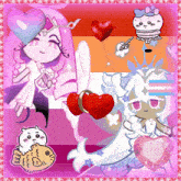 a collage of pink and white cartoon characters with hearts
