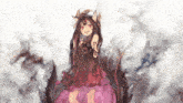 a painting of a girl in a red dress with red eyes