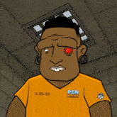 a cartoon of a man wearing an orange shirt that says pen frens on it