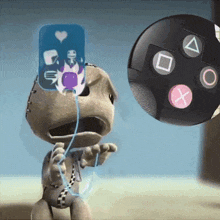 a video game character is holding a controller with a heart and a triangle buttons on it