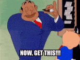 a cartoon character says " now get this " in front of a bulletin board