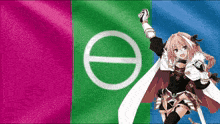 a girl with a sword is standing in front of a green and pink flag