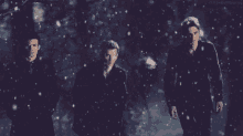 three men are standing in a snowy forest .